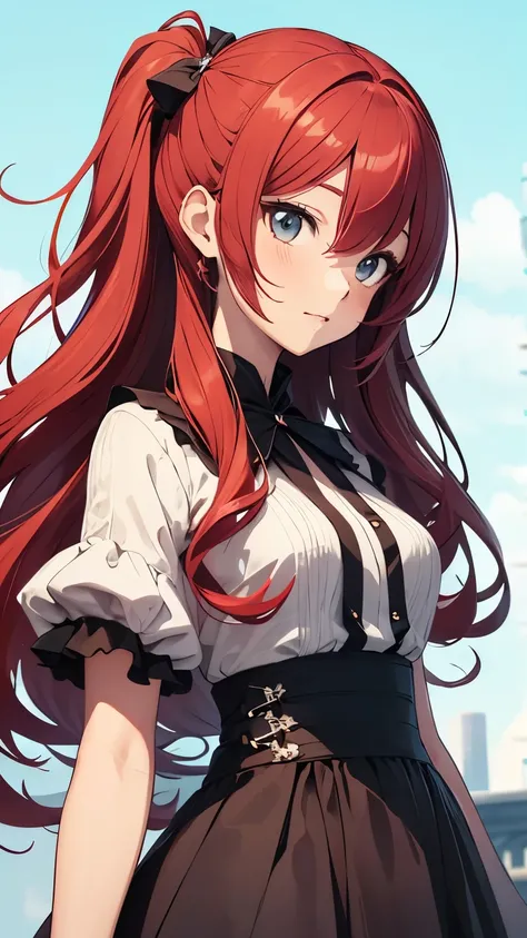 Anime girl character with flowing soft red hair, and wearing a dress, with a background