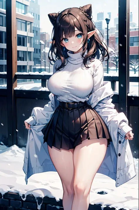 detailed image, beautiful image, an elf, dark hair, long hair, combed in a heart-shaped bun, turquoise eyes, large breasts, short waist, wide hips, thick thighs. She is wearing a thick sweater, pleated mini skirt, sneakers, in an urban environment, smiling...