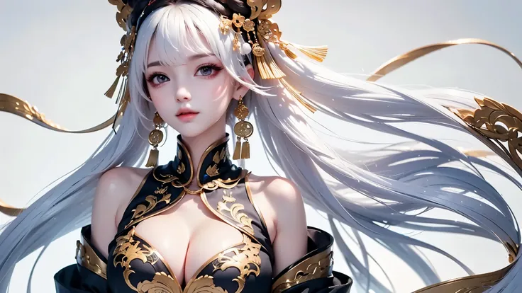 super high quality, masterpiece, Perfect illustration, Very detailed:1.6,　white barance, 1girl, 23 years old, cute girl, white hair, sharp and big beautiful eyes, medium breasts, bright skin. fantasy royalty, onmyoji, majesty, asian dress. black and gold c...