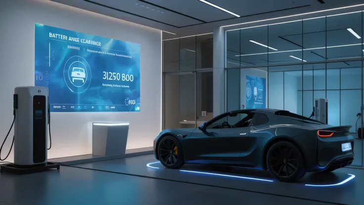 Tesla Roadster 2025 parked next to a futuristic charging station inside a showroom, with a holographic display showing its battery range and charging speed. The showroom has a modern glass-walled design. Ultra HD 8K, cinematic realism.  
