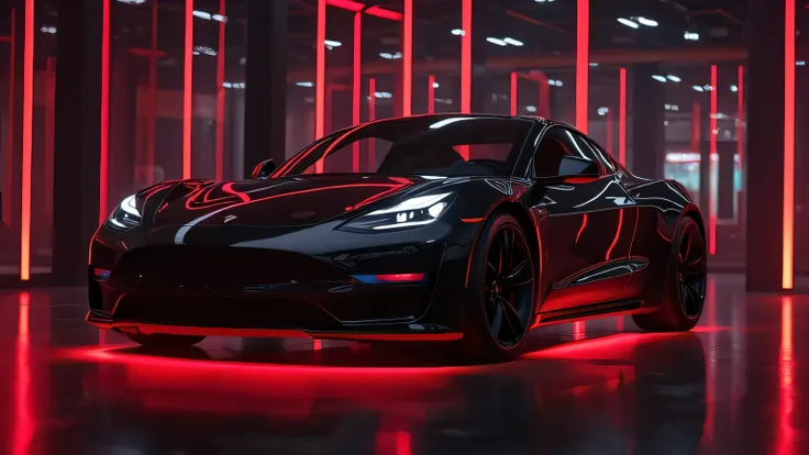 A Tesla Roadster 2025 with a neon red underglow inside a dark showroom, creating a dramatic cyberpunk aesthetic. The reflections of the lights enhance the car’s futuristic appeal. Ultra HD 8K, cinematic shot.  
