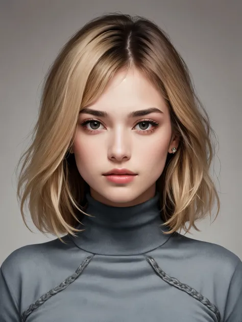 (best quality), 1girl, female, porcelain skin, blonde hair, straight hair, bangs, medium hair, swoopy tips, brown eyes, perfect eyes, (black turtleneck), skinny body, petite, small bust, dark circles under eyes, masterpiece, anatomically correct, highres
