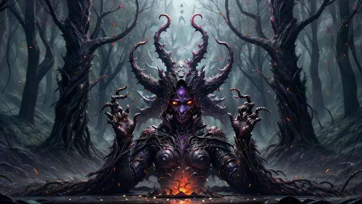 Create a surreal and terrifying scene in a distorted world, onde o céu é um redemoinho de sombras líquidas em tons de therefore, purple and blood-red. A cracked moon bleeds silver light over an infinite abyss.  in the center, the Four Horsemen of the Apoca...