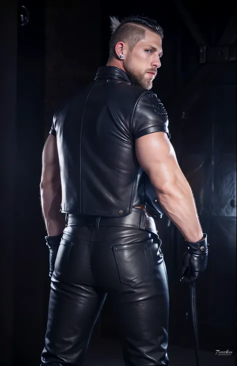 Roman Todd, white mohawk, beard, diamond earrings, leather gloves, tight leather pants, huge round butts, highly detailed, photorealistic, 8K, HDR