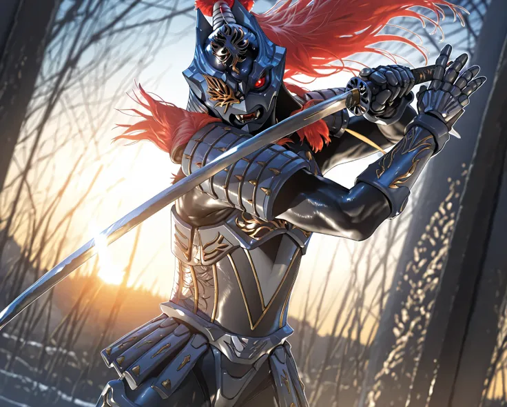 masterpiece, best quality, official art, detailed, realistic, game cg, ultra-detailed, beautiful detailed eyes, very aesthetic, solo, male, shiny skin, (Zamushar), red hair, (pitch black body), white pupils, fangs, uneven eyes, (one-eyed:1.2), chest armor,...