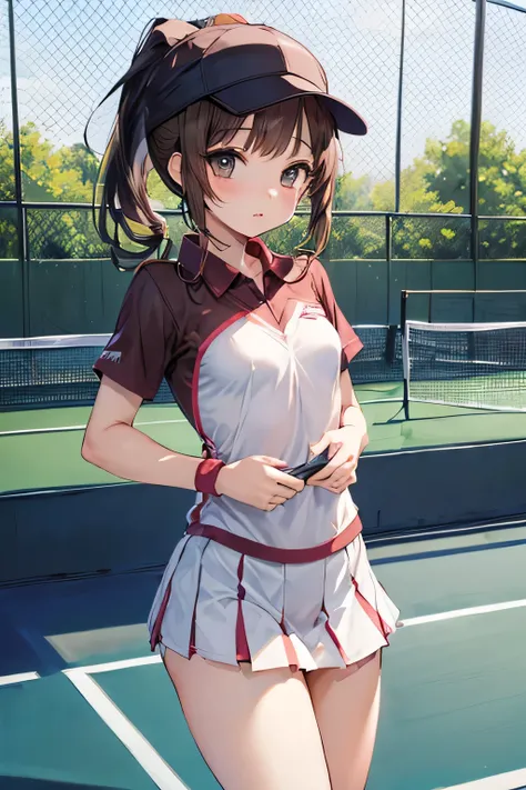 high quality,((((veryPetite girl:1.5)))),,(verysmall breasts:1.3),,,
(High ponytail brown hair:1.3),,
(tennis uniform:1.1),,(brown tennis cap:1.1),(tennis court:1.1)