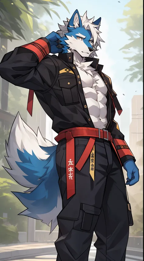 灰Wolf，White hair， Handsome， has a better figure，Cai Xukun&#39;s， masterpiece, alone，furry, Wolf, ( gray fur ,Fair skin:1.5), cannon,  three ／A masterpiece with a, Human,  male,,  detailed,  empty , (black leggings, black tight shorts:1.5)，Strong， blush， lo...