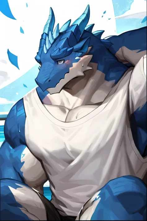 anthropology, dragon, furry, black and white fur, places where people gather , furry, sweating, SUPERFECT BLUE EYES , Big pink , has big muscles , handsome, Shy face, Kneeling, Upward view, Look to the right, hands behind the head, shirt, high quality,...
