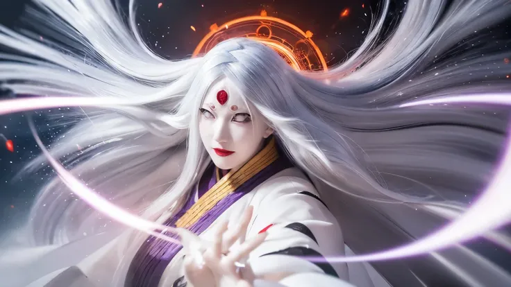 Cinematic wide shot, slow upward pan; Otsutsuki Kaguya floats mid-air, her long white hair flowing as she extends both hands toward the massive Divine Tree. Glowing strands of chakra spiral from her palms, merging into the tree’s pulsating core. Her Rinne ...