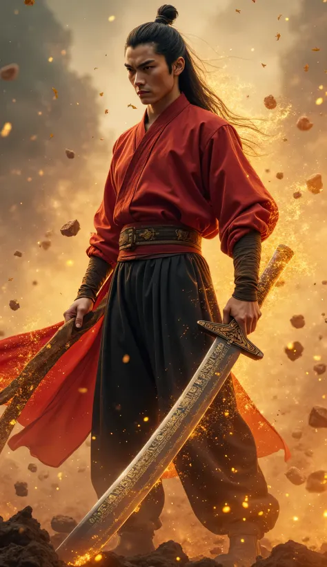 A hyper-realistic, cinematic full-body shot of Liu Zhigang from solo leveling, the S-Rank Hunter and strongest warrior of China, standing tall amidst an aura of crackling golden qi. His long jet-black hair is neatly styled, his narrow black eyes carrying a...