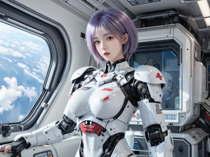 ( full body photo:2), (one/Women/ Mechanic :1.8), ( Extra large breasts :1.8), (all  Mechanic al body:2), (With bionic armor:1.5), White with black gears, (She is inside the spacecraft near the window overlooking outer space.:1.5), (She has very short, str...