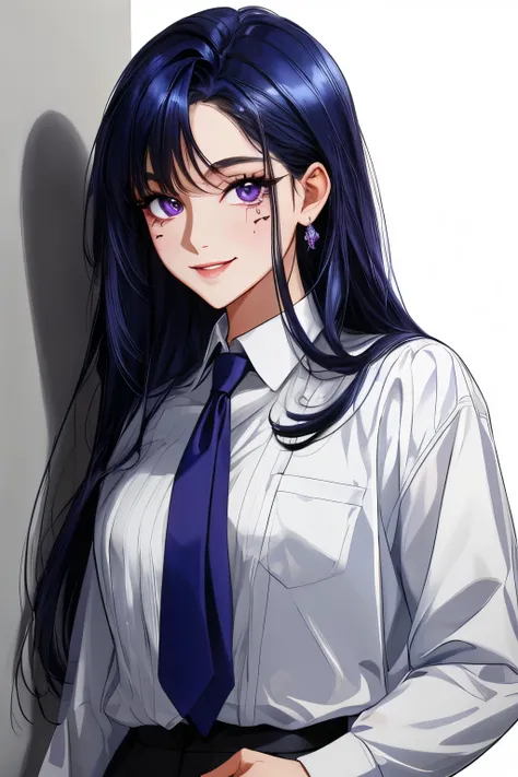 masterpiece, best quality, ultra detailed, beautiful, absurdres, a woman, criminal matter, smiling, standing, looking at viewer, front view, semi long, dark blue hair, purple eyes, big eyes, fair skin, shiny skin, detailed face, athletic, suit, white shirt...