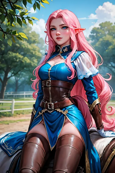 Woman, long wavy hair, blue eyes, pink hair, elf, sexy ,On top of the horse, horse, riding 