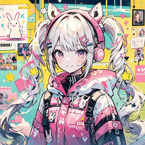 Alice Bunny、Winter clothes，Long coat、 muffler， headband、 floating hair ornament 、((Two or Nia who stuck out her teeth smile))，" cute, cute, cute女の子,  Adorable woman with white hair and cat ear glasses. She's wearing a wintery costume with star and sky moti...