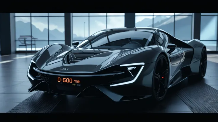 A cinematic shot capturing the Rimac Nevera’s acceleration display on its digital dashboard, emphasizing its record-breaking 0-60 mph time. The hypercar is parked inside a high-tech showroom with futuristic ambiance.  
