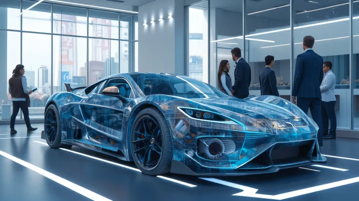 An artistic cutaway render of the Rimac Nevera’s electric drivetrain inside the showroom, revealing the internal components. The glass walls and bright LED lighting add a sophisticated ambiance.  
