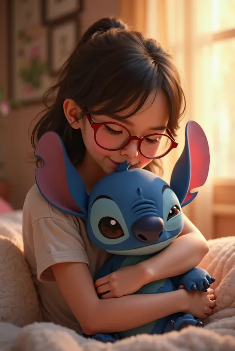 brunette girl in glasses with red frames hugging with stitch