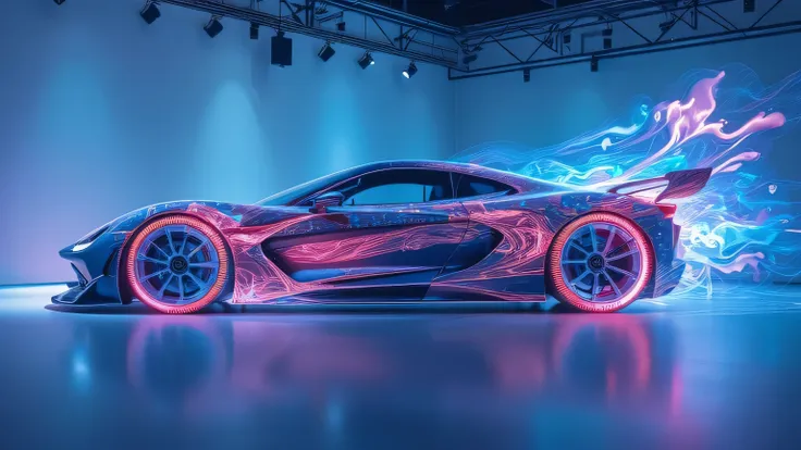 A 3D projection of the Rimac Nevera’s aerodynamics being visualized in the showroom, with real-time airflow simulation effects creating an immersive experience.  
