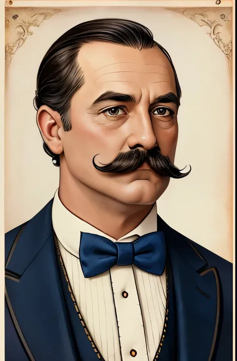 illustration of a man with a mustache and a bow tie, a character portrait inspired by Max Klinger, reddit, art nouveau, detailed face with moustache, wear an elegant mustach, with mustache, thick mustache, muttonchops, wearing a monocle, vaudevillian, hand...