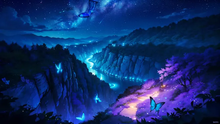 超HD, HD, high quality , Spectacular Scenery ,((息をのむような美しい Milky Way銀河))),(((水の上を飛び回っているコバルトブルーにShineモルフォ蝶の大群)).((morpho butterflies shining like neon signs)), shot with a fisheye lens ,((( mystical atmosphere ))), Beautiful Sunset , Majestic Atmosphere, Mi...