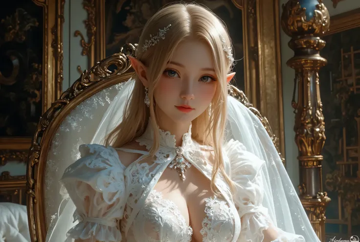  best quality , Super quality, 16k,  Unbelievably Absurd,  very detailed,  lovely photo,  delicate and dynamic,  Kiri Reina female,  seductive smile,  pure white wedding dress ,  great style , bouquet,  steampunk,  DIESEL PUNK ,  clock punk ,  cyberpunk, G...