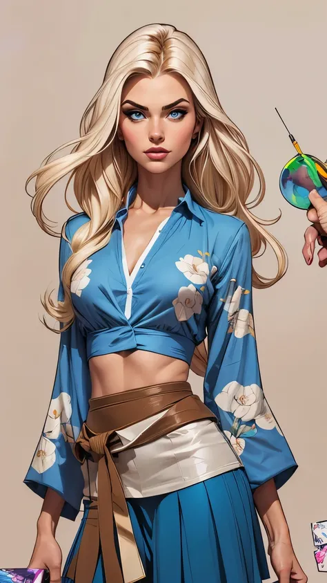 (cartoon style:1.2), cartoon comics style 1.2,Stuning artistic pin-up marina Laswick very very beautiful very sexy,Beautiful skin,blue eyes,very beautiful navy blue shirt under a very beautiful blue ciel mini crop-top débardeur à motifs fleuries nouée joli...