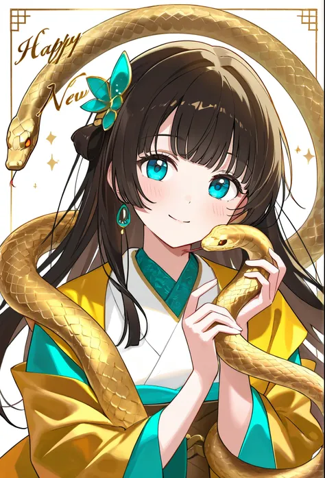  close-up of a golden turquoise snake ， it circles around itself ,  bright colors evoke prosperity and good luck. Next to the snake ,  a young girl ,, white as porcelain , eyes as bright as sapphires , standing confidently in front of a white background . ...