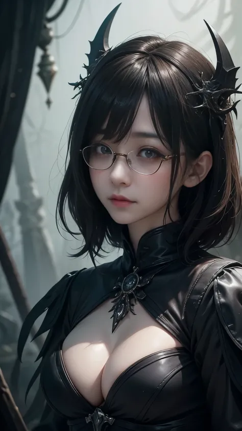 (  top quality,4K,8k,   oconnor  ,Masterpiece:1.2),    very detailed,(  realistic,photo  realistic,photo-  realistic:1.37),    close-up of a dark-haired woman , Dark Eyes,Bad luck smile,((((Glasses、 red glowing eyes 、 short hair))))、((((   Dark Fantasy Por...