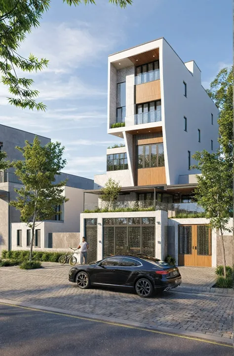 Photo brute,chef-d'artwork, high quality, best quality, authentique, Great detail,
Outside, en plein air, style de maison moderne dans la rue, glass windows, grille, plafond en bois,
route,pavement, des arbres, ciel, nuage, (day light:1.1)