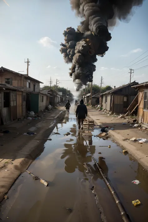 A dirty and cluttered environment in a small shantytown, where houses are made of bamboo and the streets are unpaved dirt roads. Trash and debris are scattered around, with broken wooden structures and makeshift repairs visible on the houses. Puddles of mu...