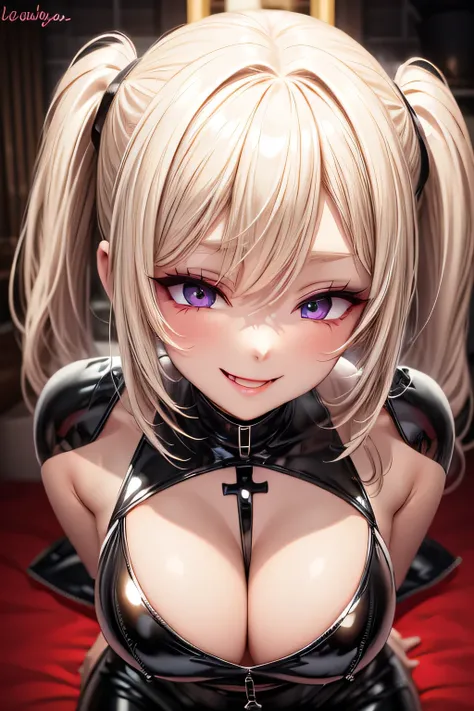 evil smile, under , bratty girl, shiny latex, looking at viewer, blonde hair, cross necklace, highlighted eyes with eyeliner, false eyelashes, soft shadows, light makeup, blushed