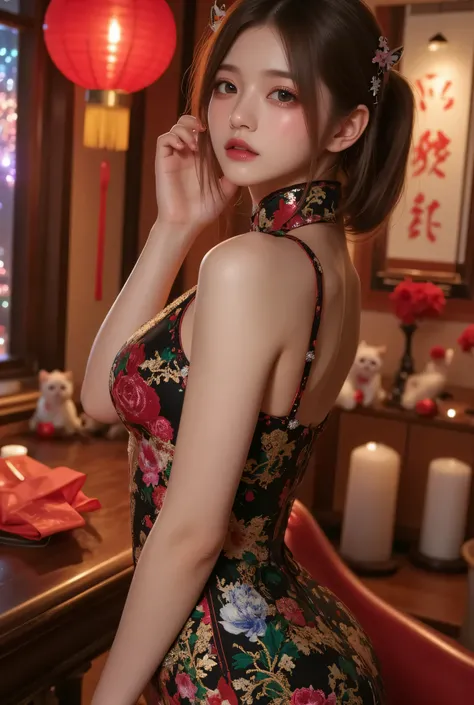 Cat ears、 face up, attractive, pretty girl, ponytail、few beautiful lady hair decorations, (( fine facial features , eroticism)), dramatic lighting , realistic , 8k, Dramatic Shadows , intricate and elaborate patterns , super detailed photo , chiaroscuro li...
