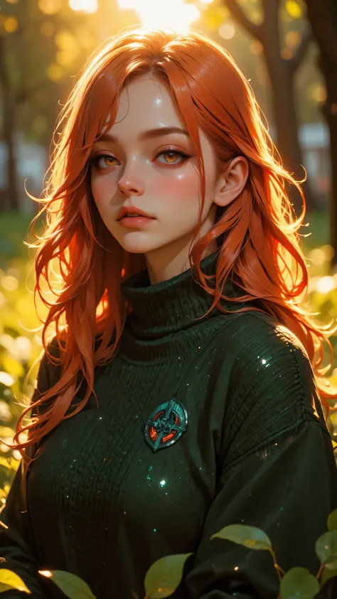 8k, masterpiece, highest quality, Vibrant, woman, vibrant ginger hair, long wavy locks, green sweater, soft natural lighting, bokeh background, warm tones, ethereal glow, delicate features, flawless skin, outdoor setting, golden hour, dreamy atmosphere, hi...