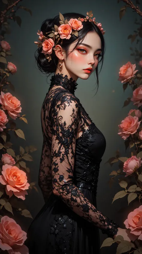 8k, masterpiece, highest quality, elegant, woman, black lace dress, floral hair accessory, soft makeup, delicate features, floral background, pink and orange flowers, studio lighting, high-resolution, fashion photography, beauty portrait, soft focus, dream...