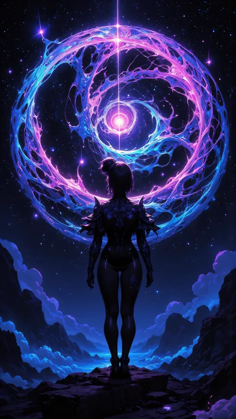 8k, masterpiece, highest quality, silhouette, ethereal nebula hair, vibrant purple and blue galactic swirls, starry night sky background, feminine figure, celestial energy, flowing cosmic energy, rainbow arc, mystical aura, surreal art, digital painting, f...