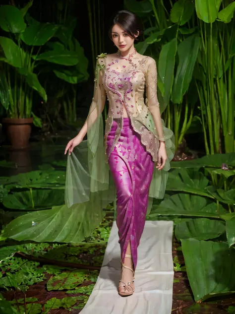 gilr,beauty, full body, beauty face, perfect face, short hair,kebaya clothes, jungle background