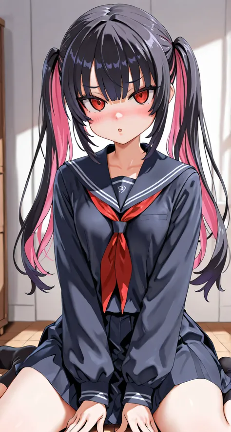 Asanagi Style, black hair, pink inner hair, petite girl, wariza, twintail, oversized school uniform 