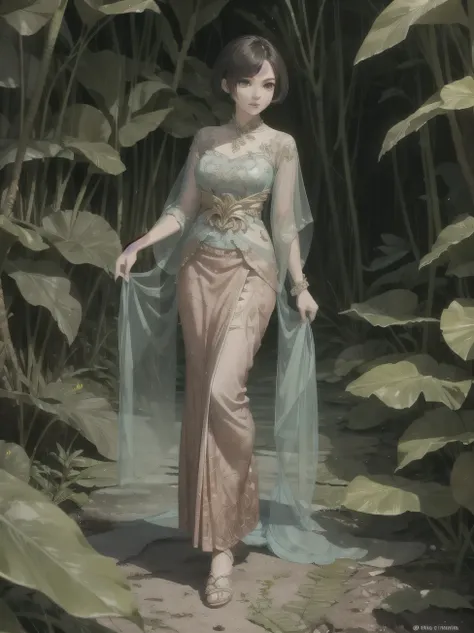 gilr,beauty, full body, beauty face, perfect face, short hair,kebaya clothes, jungle background