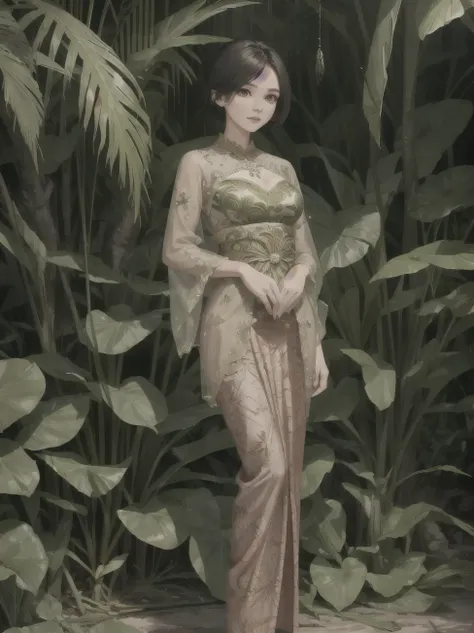 gilr,beauty, full body, beauty face, perfect face, short hair,kebaya clothes, jungle background