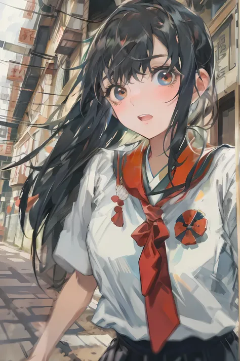 anime illustration, young girl with black hair, large expressive eyes, wearing traditional Japanese school uniform (sailor fuku), black and white outfit with red necktie, casual gesture, surprised expression, dynamic motion blur effect, fisheye lens effect...