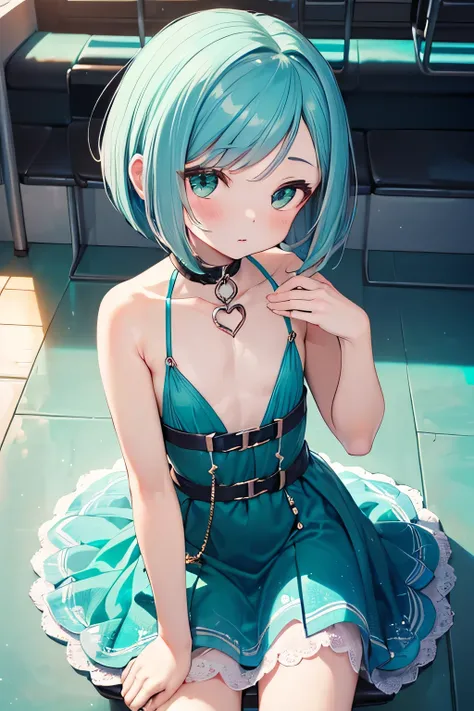 ((((Petite:1.5)))),(Aqua color hair bob hair:1.5),,(boyish chest:1.5),(idol dress:1.5),blush,upward glance
(waiting room:1.5),
