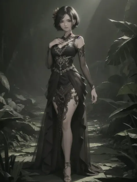 gilr,beauty, full body, beauty face, perfect face, short hair,kebaya clothes, hd colour, jungle background,HD lighting and dark )<=(epic image quality)dark atmosphere with bright particle light(many effects in background