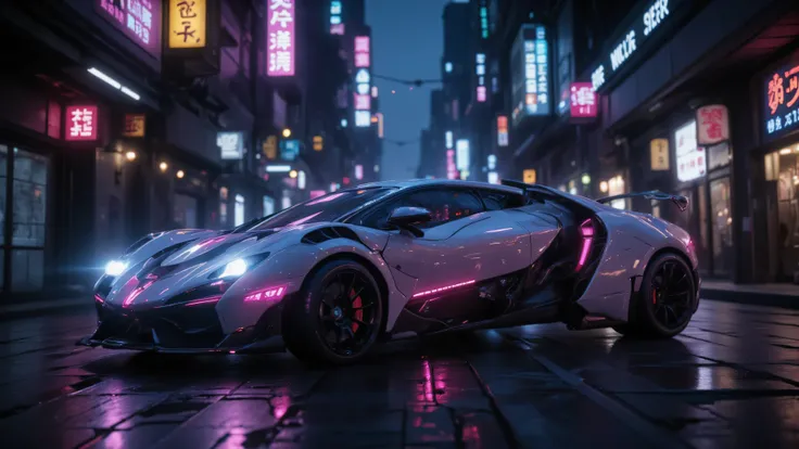 In the world of Warframe, Johanna de Armas emerges as a car form encased in a neon genesis evangelion style the retro futuristic cars is driving along the road
a car , bathed in neon lights that cast dramatic shadows, emphasizing the off-center compositi...