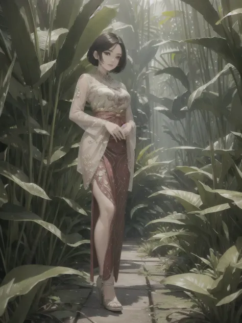 gilr,beauty, full body, beauty face, perfect face, short hair,kebaya clothes, jungle background