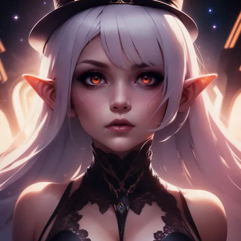 best quality, high-resolution, Necro woman, 1girl, elf, nsfw, sexy swimsuit, gothic makeup, powerful, time theme, floating in space, controlling dark sphere, top-hat, portrait, face focused,