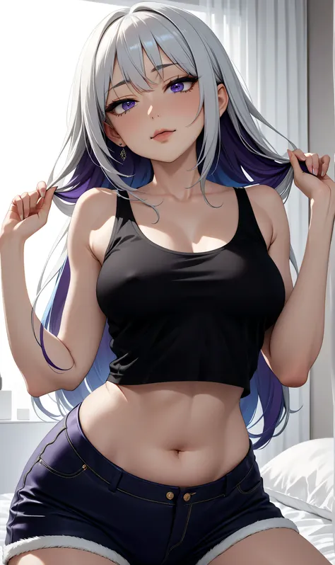 ((Random porn pose)), (elegant mature women), ((Ultra detailing)), (very aesthetic, best quality, ultra detailed), intricate details, 1girl, silver hair, Blue inner hair  ,(blue-Purple eyes),((Detailed eyes)), ((Beautifull eyes)), ((prefect eyes)), sharp j...