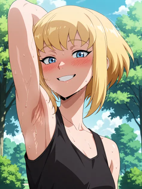 masterpiece, best quality, amazing quality, anime screencap, 1girl, solo, karazorel, blonde hair, blue eyes, short hair, black tank top, sleeveless, bare shoulders, bare arms, arm behind head, armpit, head towards viewer, looking at viewer, smile, teeth, o...