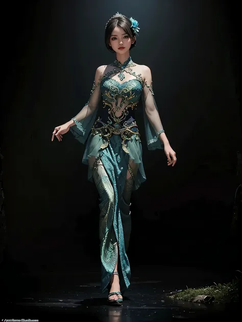 gilr,beauty, full body, beauty face, perfect face, short hair,blue kebaya clothes, hd colour, jungle background,HD lighting and dark )<=(epic image quality)dark atmosphere with bright particle light(many effects in background