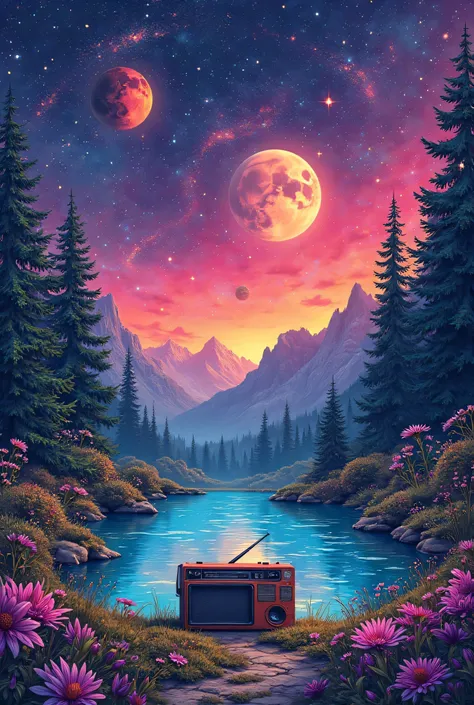 I'm looking for a talented graphic designer/artist to create a vibrant, surreal, psychedelic album cover for me. The cover should prominently feature celestial elements like stars and planets, all rendered in a vivid, multicolored palette. I want a Pond wi...