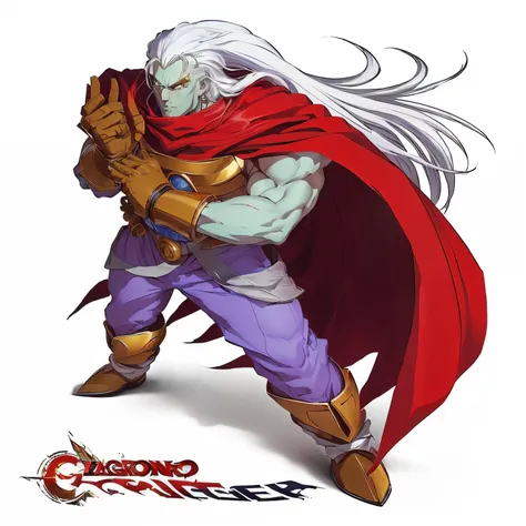 a cartoon of a man with white hair and a red cape, official character art, 90s comic book character design, inspired by Zoltan Boros, jrpg character art, jrpg character, broly, character dragonball, best anime character design, getter robo, joe biden as a ...